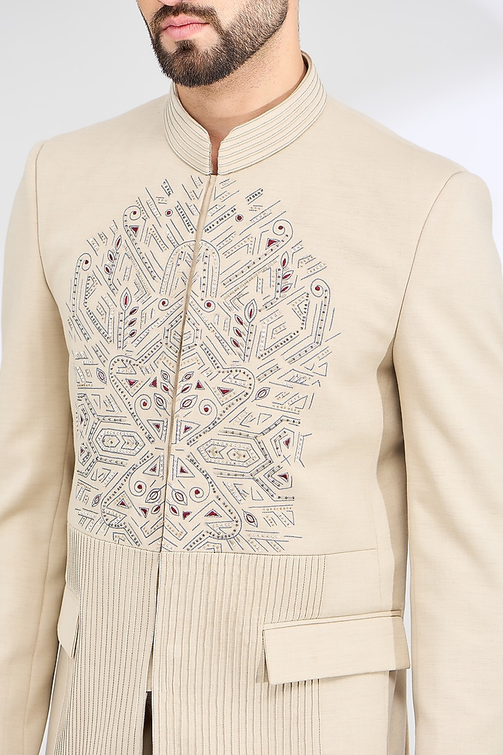 Beige Linen Hand Embroidered Wedding Bandhgala Set by SBJ at Pernia's Pop Up Shop