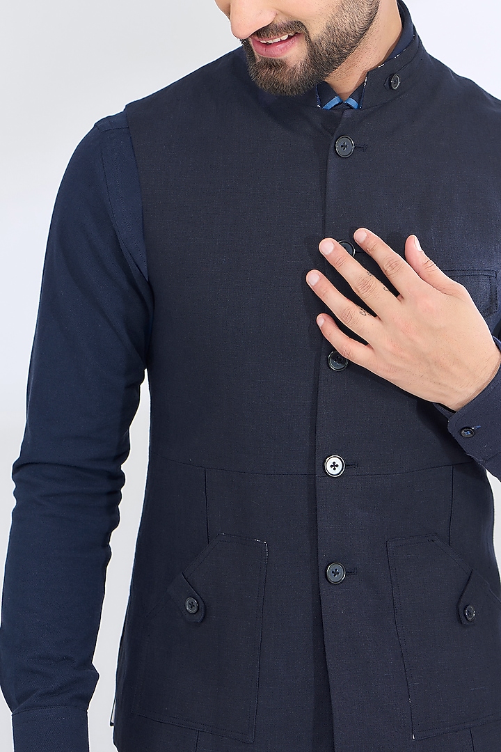 Blue Linen Bundi Jacket by SBJ at Pernia's Pop Up Shop