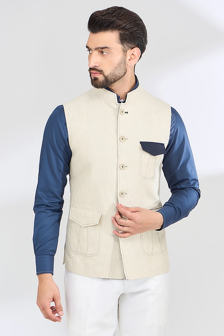 Beige Linen Bundi Jacket by SBJ