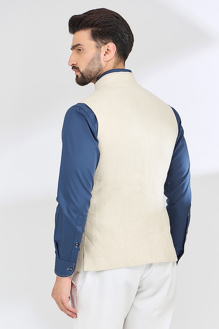 Beige Linen Bundi Jacket by SBJ at Pernia's Pop Up Shop