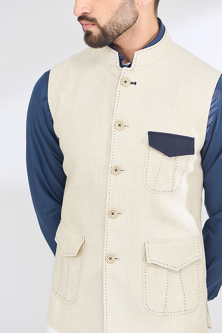 Beige Linen Bundi Jacket by SBJ at Pernia's Pop Up Shop
