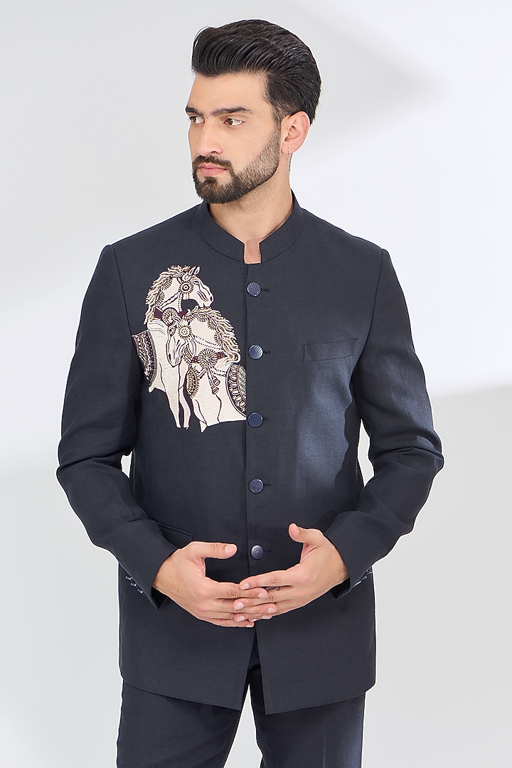 Blue Linen Embroidered Wedding Bandhgala Set by SBJ at Pernia's Pop Up Shop