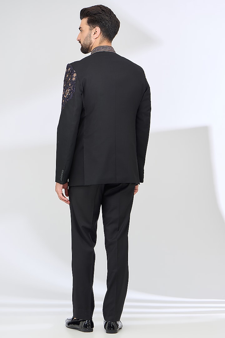 Black Italian Fabric Hand Embroidered Wedding Bandhgala Set by SBJ at Pernia's Pop Up Shop