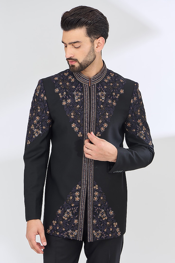 Black Italian Fabric Hand Embroidered Wedding Bandhgala Set by SBJ at Pernia's Pop Up Shop