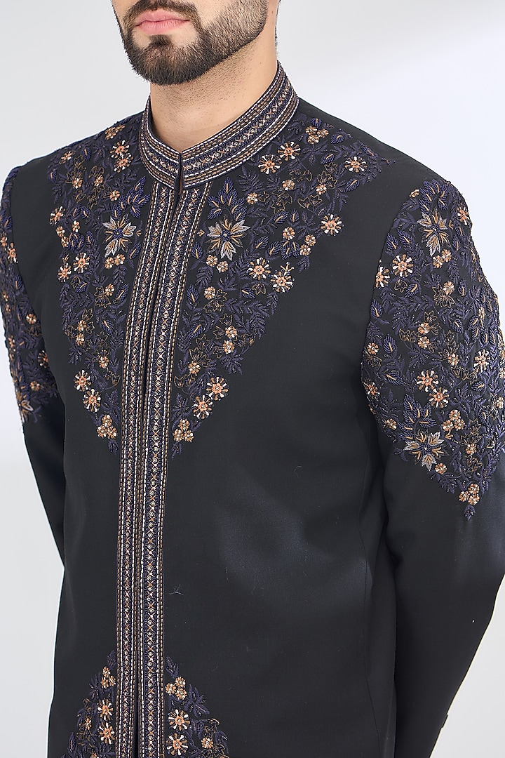 Black Italian Fabric Hand Embroidered Wedding Bandhgala Set by SBJ at Pernia's Pop Up Shop