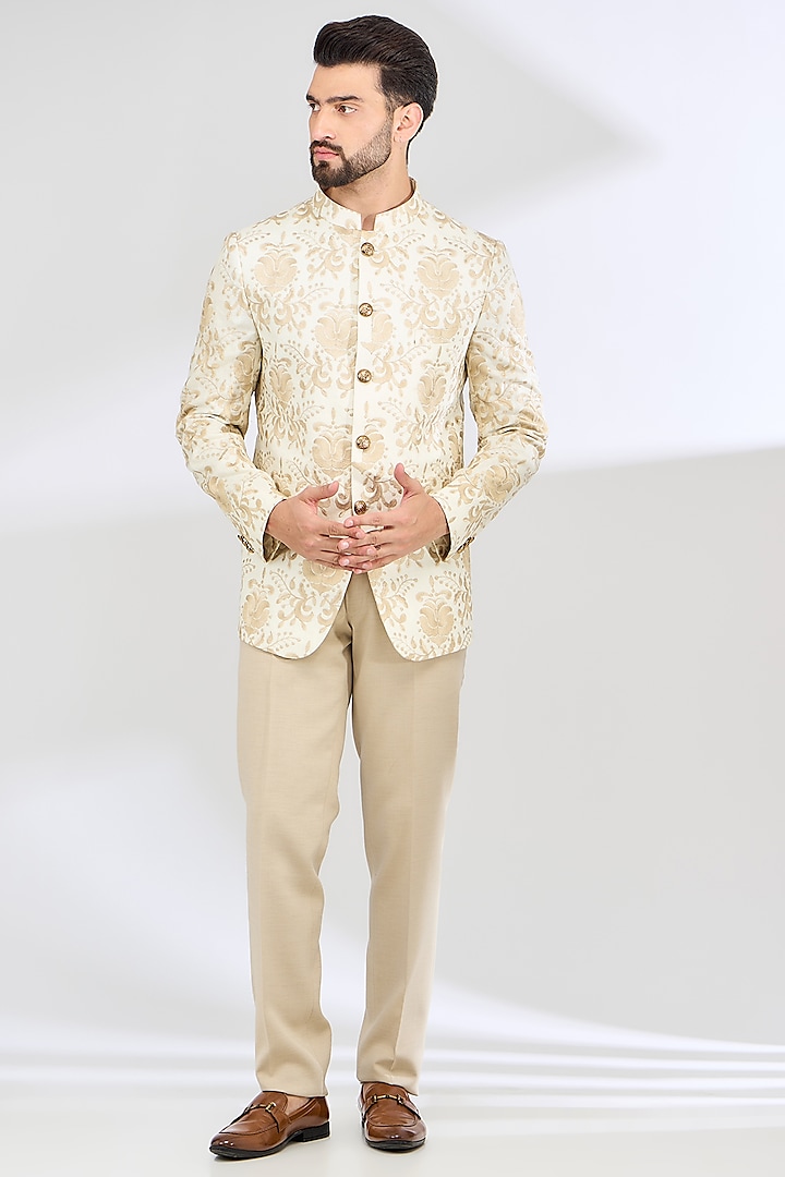 Ivory Linen Hand Embroidered Jodhpuri Bandhgala Set by SBJ at Pernia's Pop Up Shop