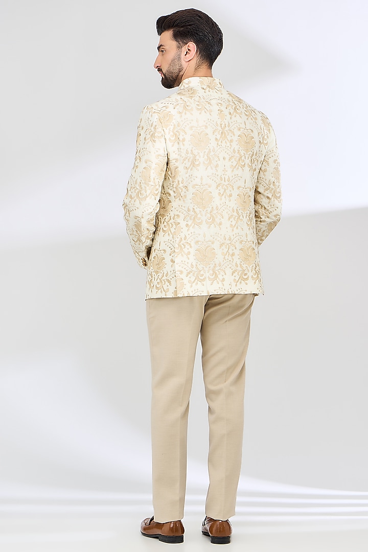 Ivory Linen Hand Embroidered Jodhpuri Wedding Bandhgala Set by SBJ at Pernia's Pop Up Shop