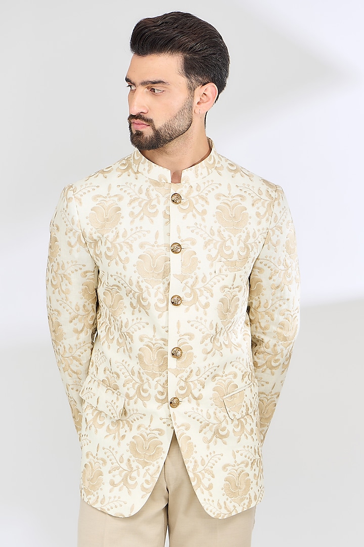 Ivory Linen Hand Embroidered Jodhpuri Wedding Bandhgala Set by SBJ at Pernia's Pop Up Shop