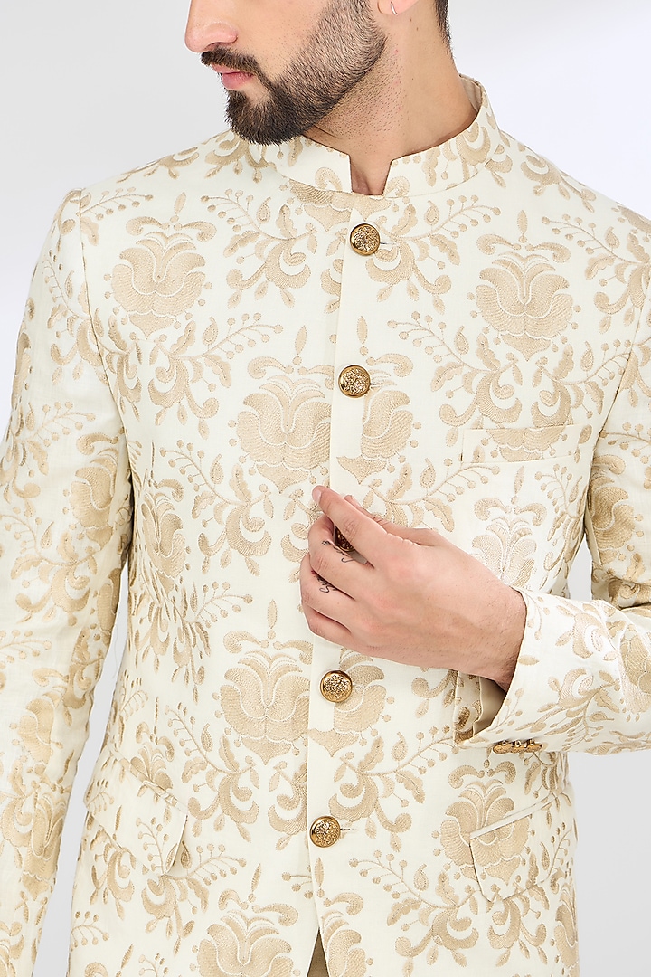 Ivory Linen Hand Embroidered Jodhpuri Wedding Bandhgala Set by SBJ at Pernia's Pop Up Shop