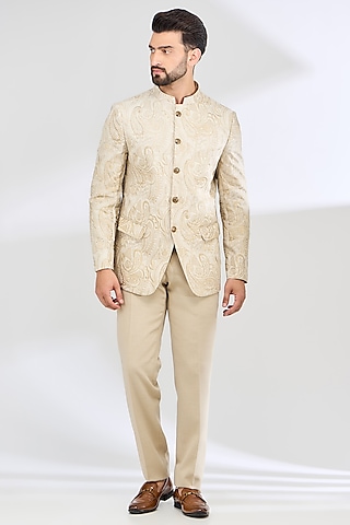 Ivory Linen Thread Embroidered Jodhpuri Bandhgala Set by SBJ