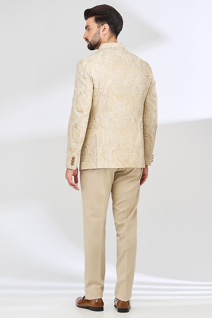 Ivory Linen Thread Embroidered Jodhpuri Wedding Bandhgala Set by SBJ at Pernia's Pop Up Shop