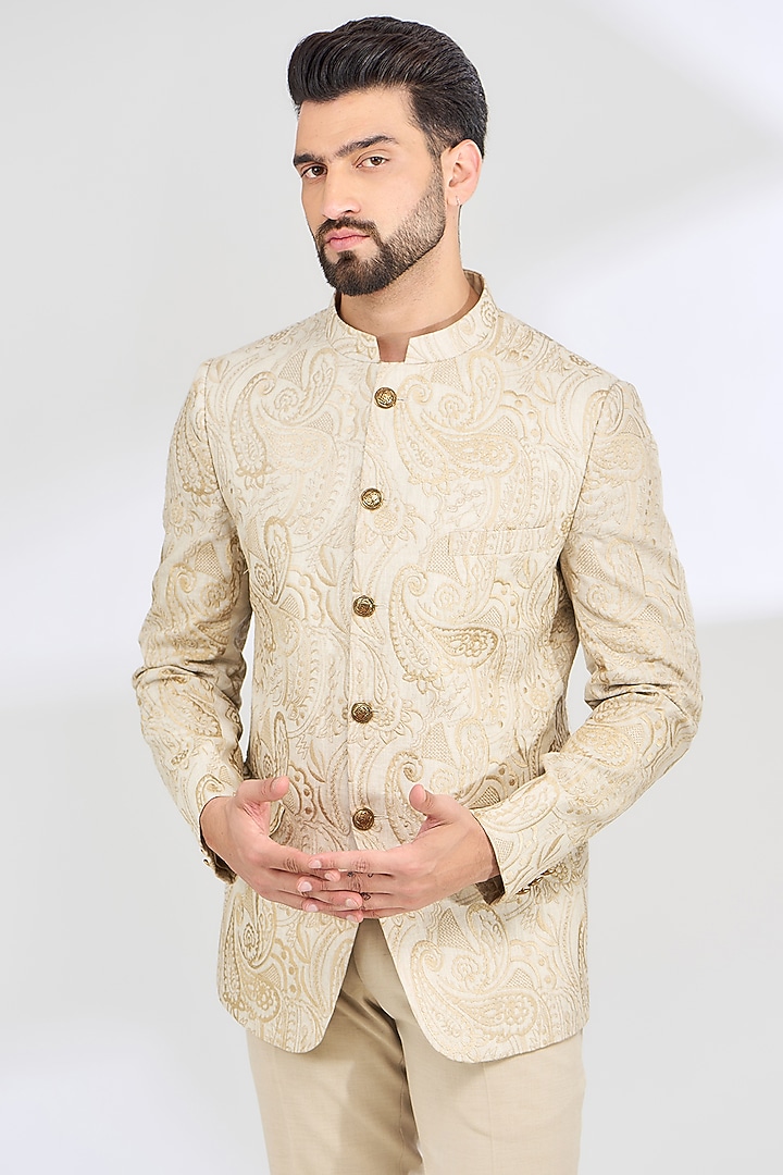 Ivory Linen Thread Embroidered Jodhpuri Wedding Bandhgala Set by SBJ at Pernia's Pop Up Shop