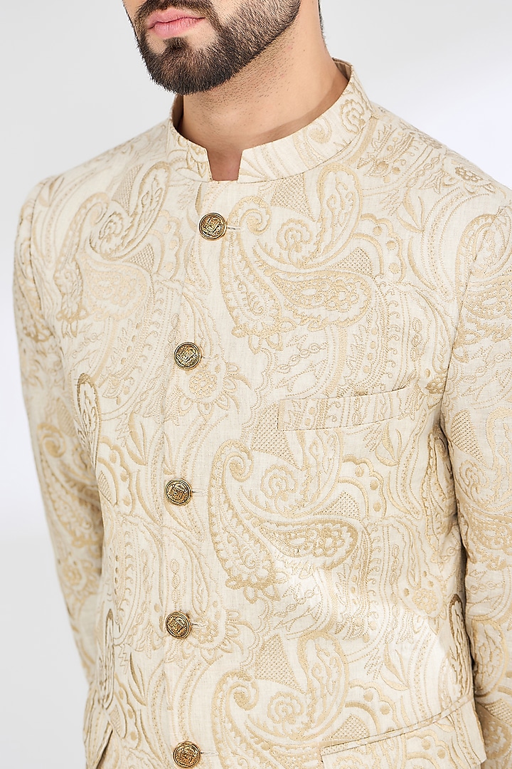 Ivory Linen Thread Embroidered Jodhpuri Wedding Bandhgala Set by SBJ at Pernia's Pop Up Shop