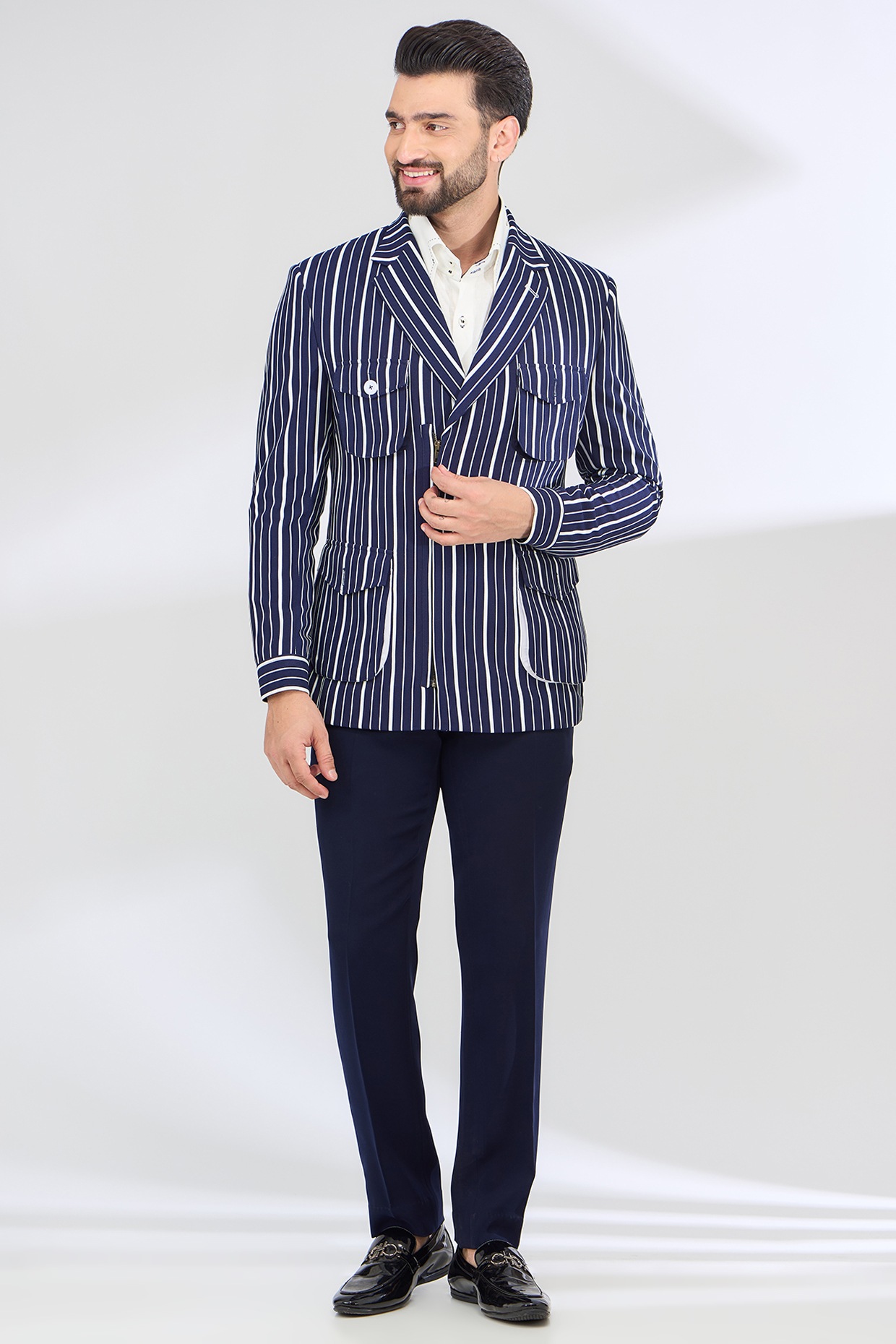 2040331 Navy Blue Cotton Blend Striped Blazer