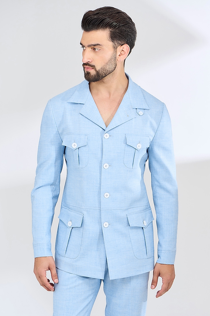 Blue Italian Fabric Safari Jacket Set by SBJ at Pernia's Pop Up Shop