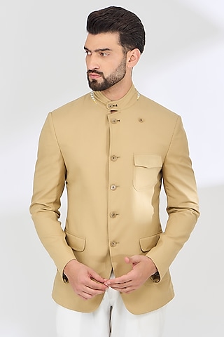 Gold beige Italian Fabric Bandhgala Jacket by SBJ