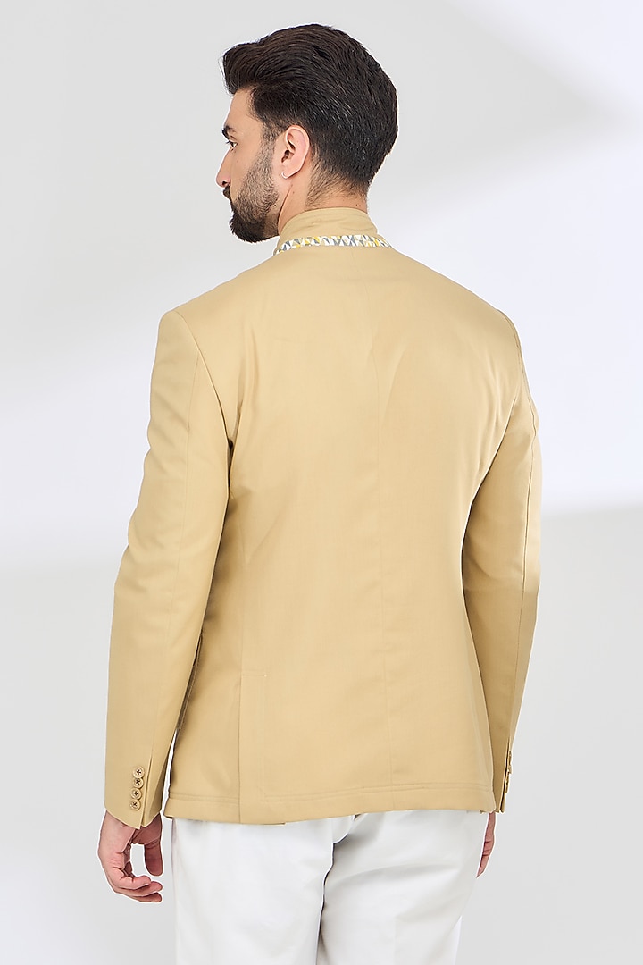 Gold beige Italian Fabric Wedding Bandhgala Jacket by SBJ at Pernia's Pop Up Shop