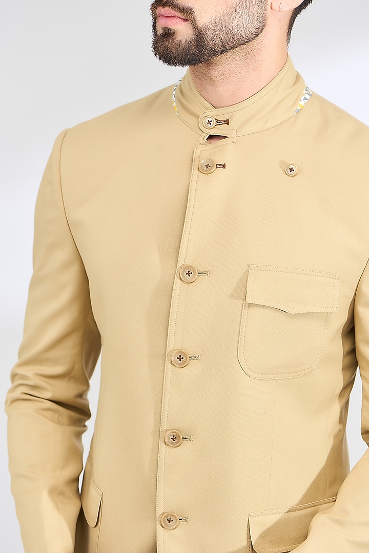 Gold beige Italian Fabric Wedding Bandhgala Jacket by SBJ at Pernia's Pop Up Shop