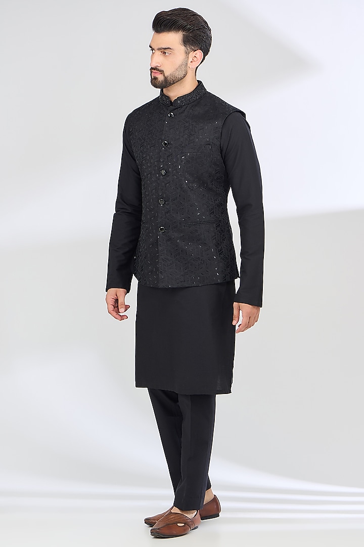 Black Cotton Silk Thread Work Bundi Jacket Set by SBJ