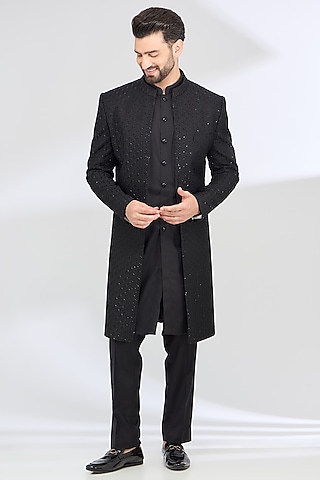 Black Terry Rayon Thread Work Indowestern Set by SBJ