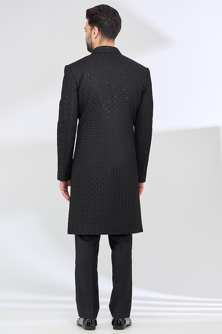 Black Terry Rayon Thread Work Wedding Indowestern Set by SBJ at Pernia's Pop Up Shop