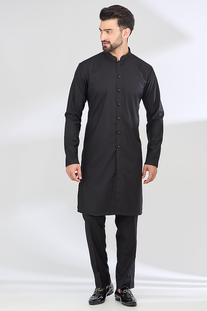 Black Terry Rayon Thread Work Wedding Indowestern Set by SBJ at Pernia's Pop Up Shop