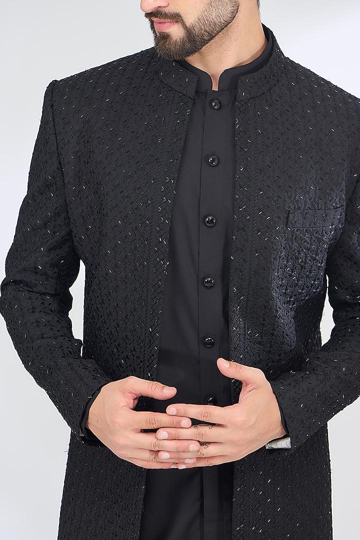 Black Terry Rayon Thread Work Wedding Indowestern Set by SBJ at Pernia's Pop Up Shop