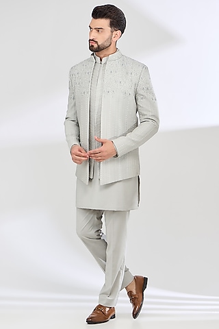Grey Terry Rayon Hand Embroidered Indowestern Set by SBJ