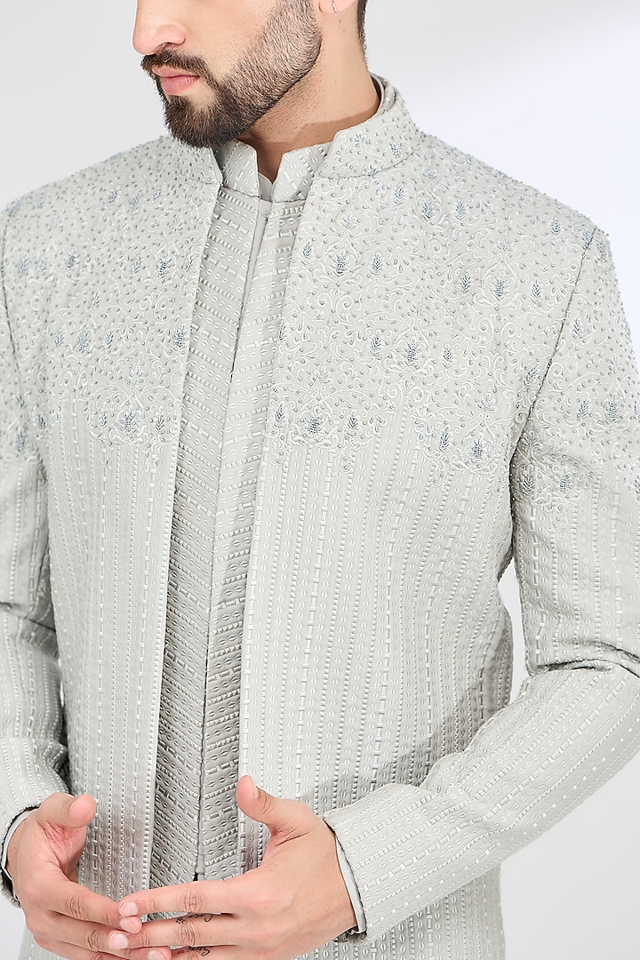Grey Terry Rayon Hand Embroidered Wedding Indowestern Set by SBJ at Pernia's Pop Up Shop