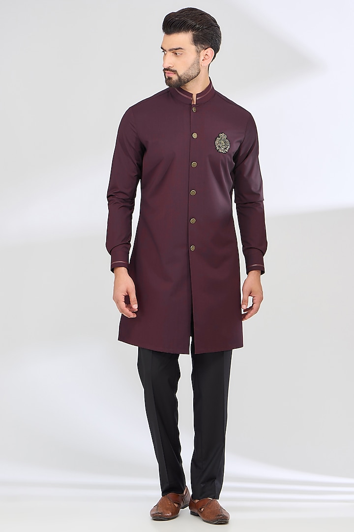 Maroon Terry Rayon Hand Embroidered Sherwani Set by SBJ