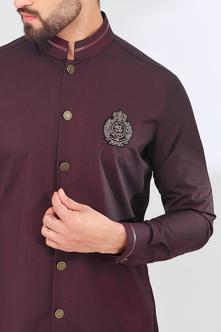 Maroon Terry Rayon Hand Embroidered Wedding Sherwani Set by SBJ at Pernia's Pop Up Shop