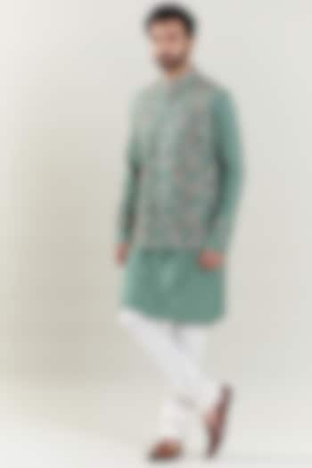 Green Crepe Nehru Jacket With Kurta Set by SBJ