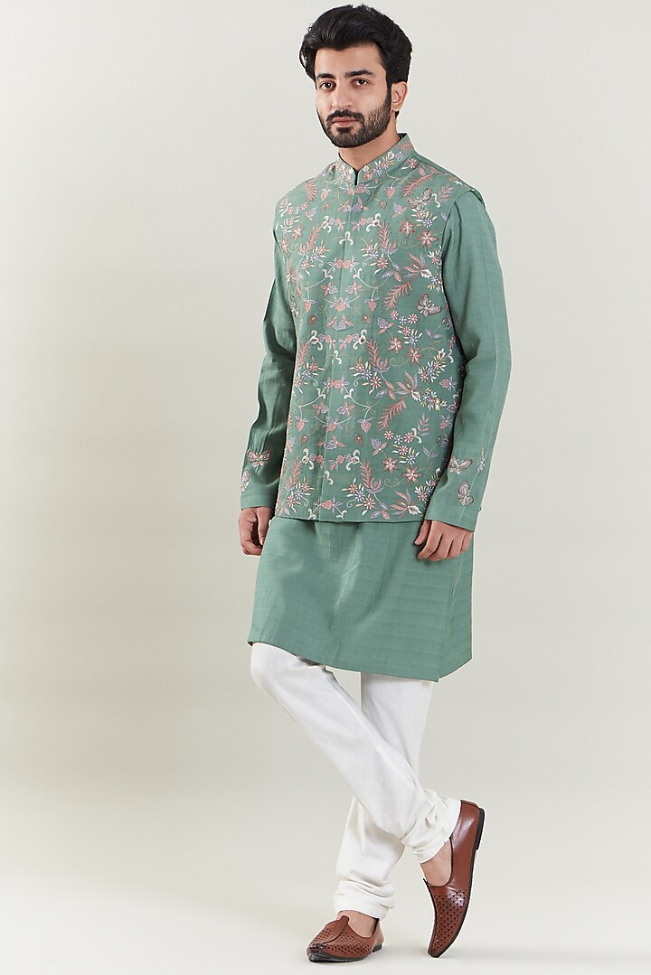 Green Crepe Nehru Jacket With Kurta Set by SBJ