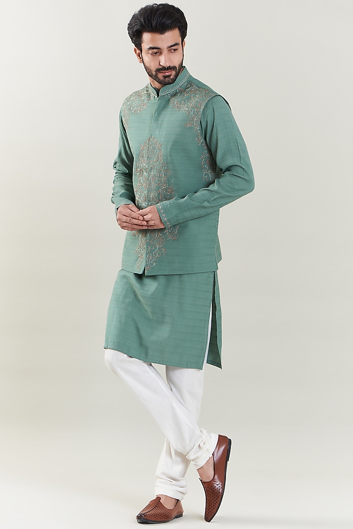 Green Crepe Nehru Jacket With Kurta Set by SBJ