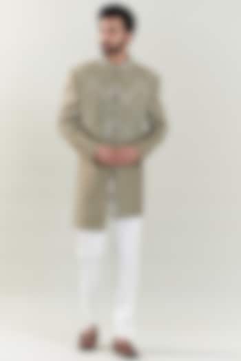 Dark Khaki Georgette Embroidered Indo-Western Set by SBJ at Pernia's Pop Up Shop