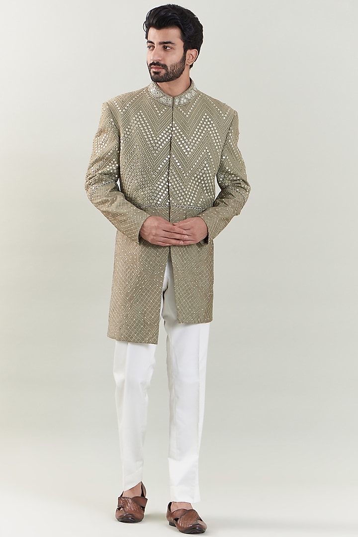 Dark Khaki Georgette Embroidered Indo-Western Set by SBJ at Pernia's Pop Up Shop