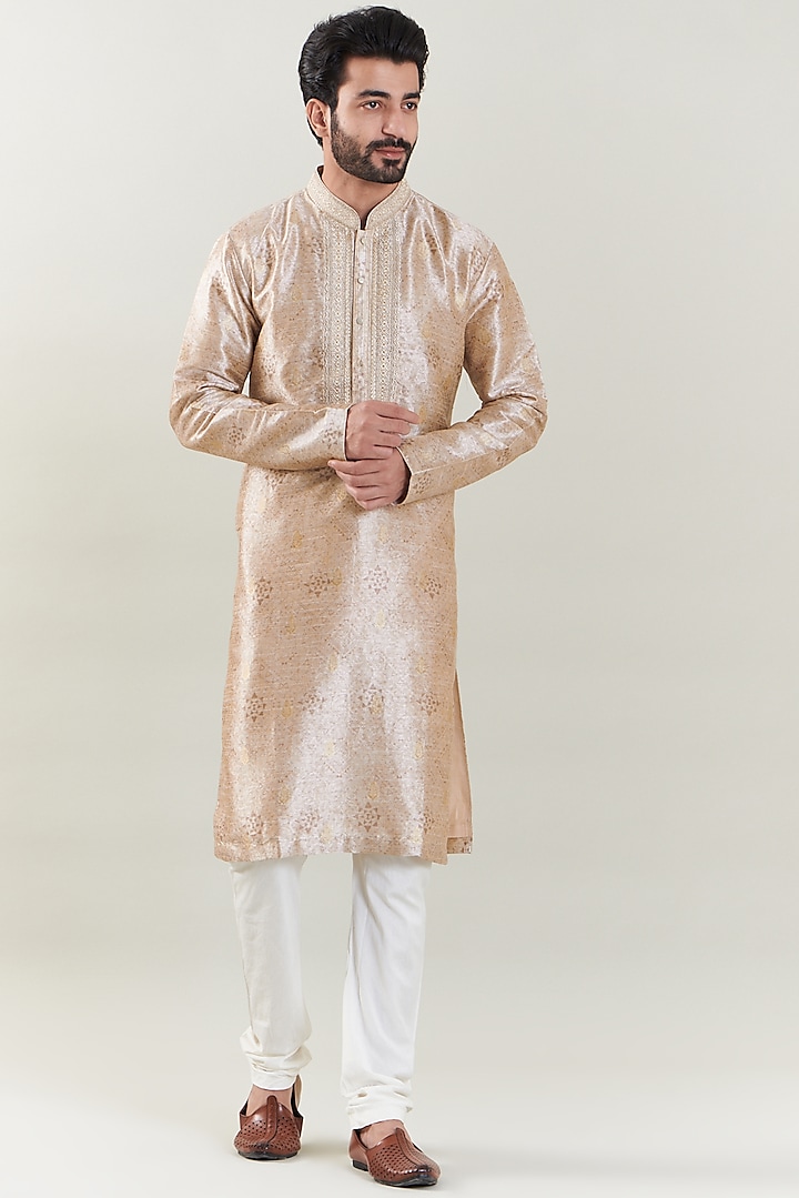 Light Peach Brocade Silk Embroidered Kurta Set by SBJ