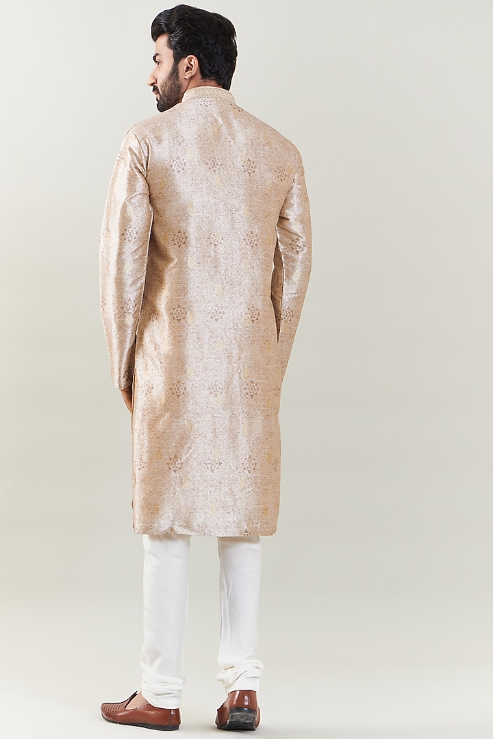 Light Peach Brocade Silk Embroidered Kurta Set by SBJ at Pernia's Pop Up Shop