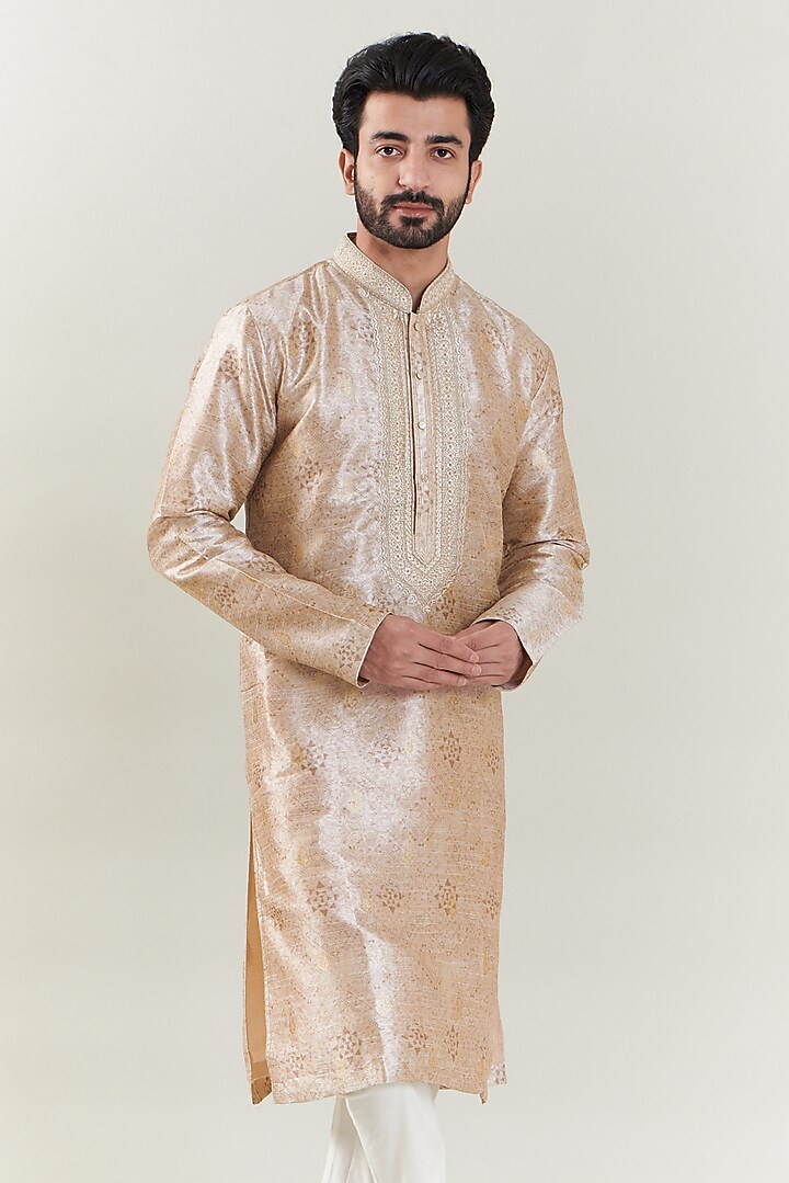 Light Peach Brocade Silk Embroidered Kurta Set by SBJ at Pernia's Pop Up Shop
