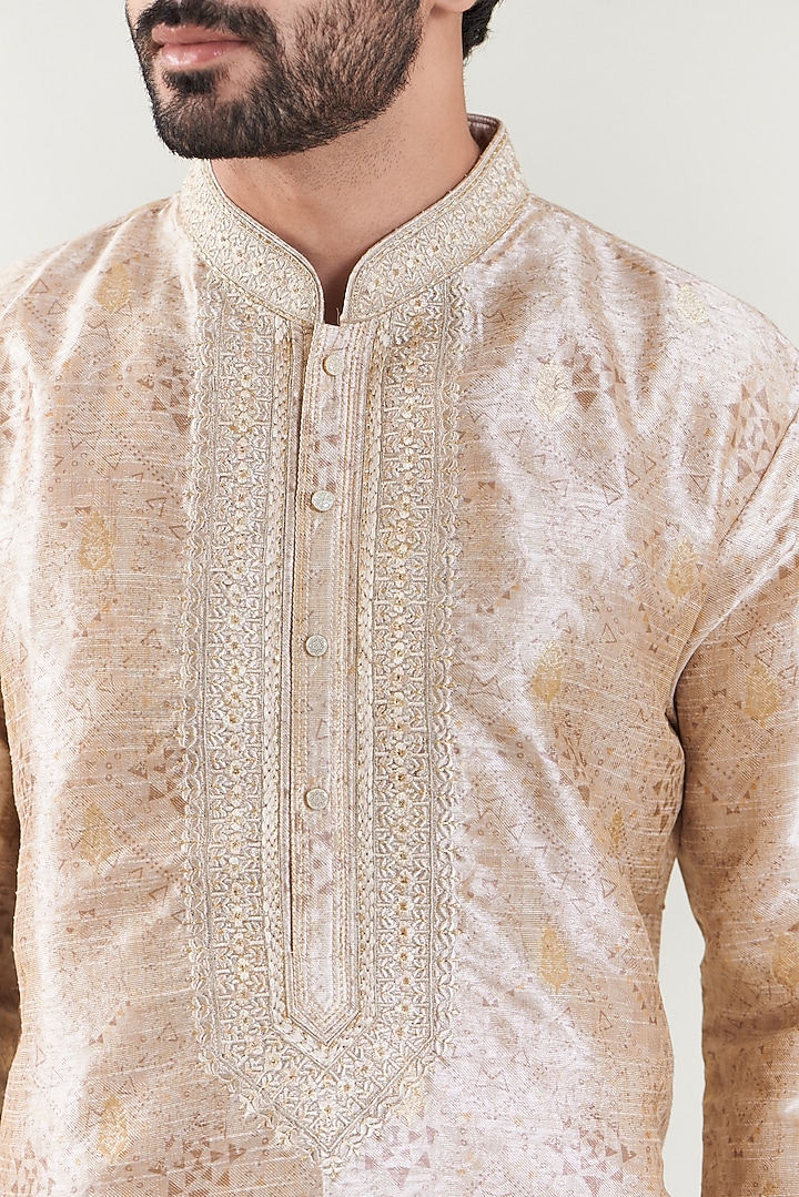 Light Peach Brocade Silk Embroidered Kurta Set by SBJ at Pernia's Pop Up Shop