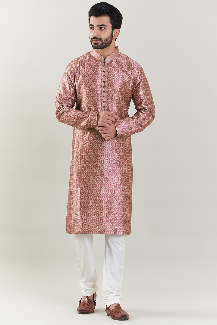 Brick Colored Brocade Embroidered Kurta Set by SBJ