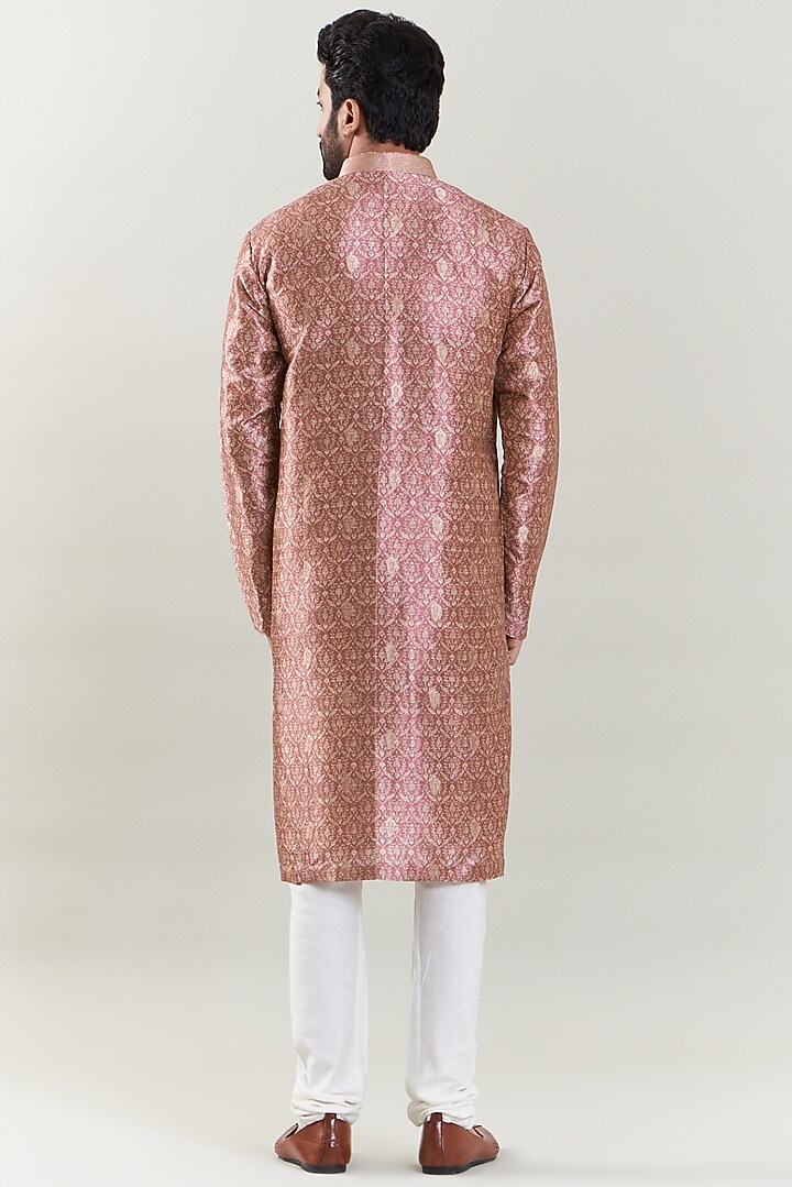 Brick Colored Brocade Embroidered Kurta Set by SBJ at Pernia's Pop Up Shop