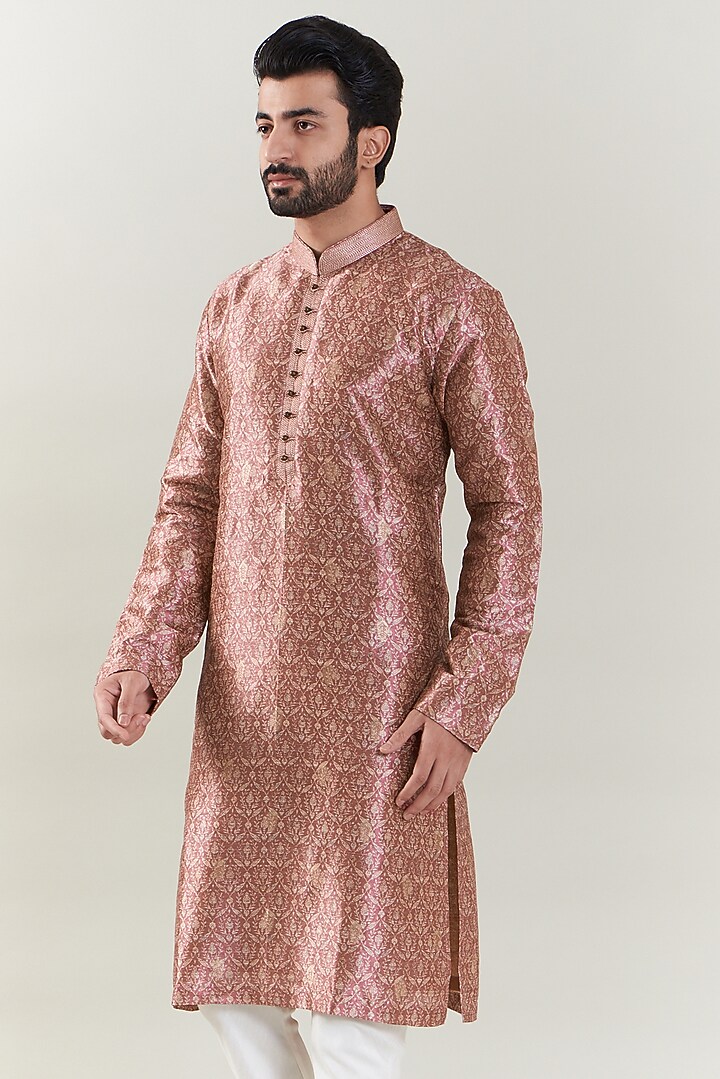Brick Colored Brocade Embroidered Kurta Set by SBJ at Pernia's Pop Up Shop