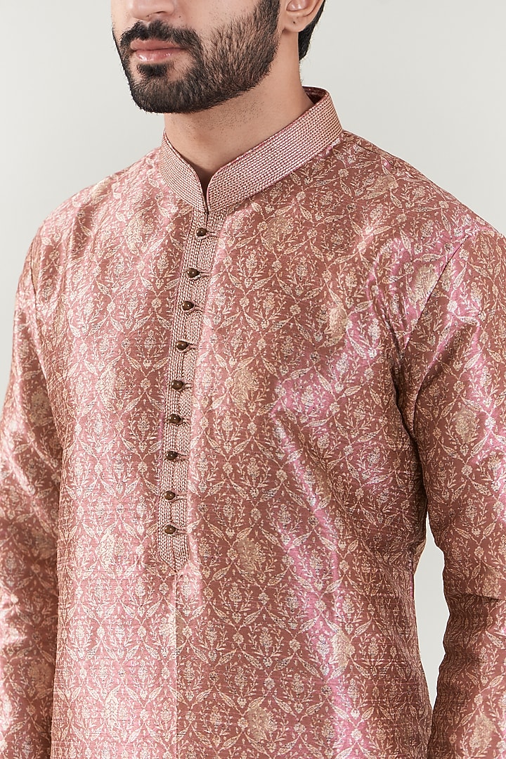 Brick Colored Brocade Embroidered Kurta Set by SBJ at Pernia's Pop Up Shop