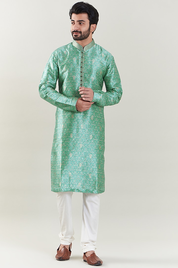 Sea Green Brocade Embroidered Kurta Set by SBJ