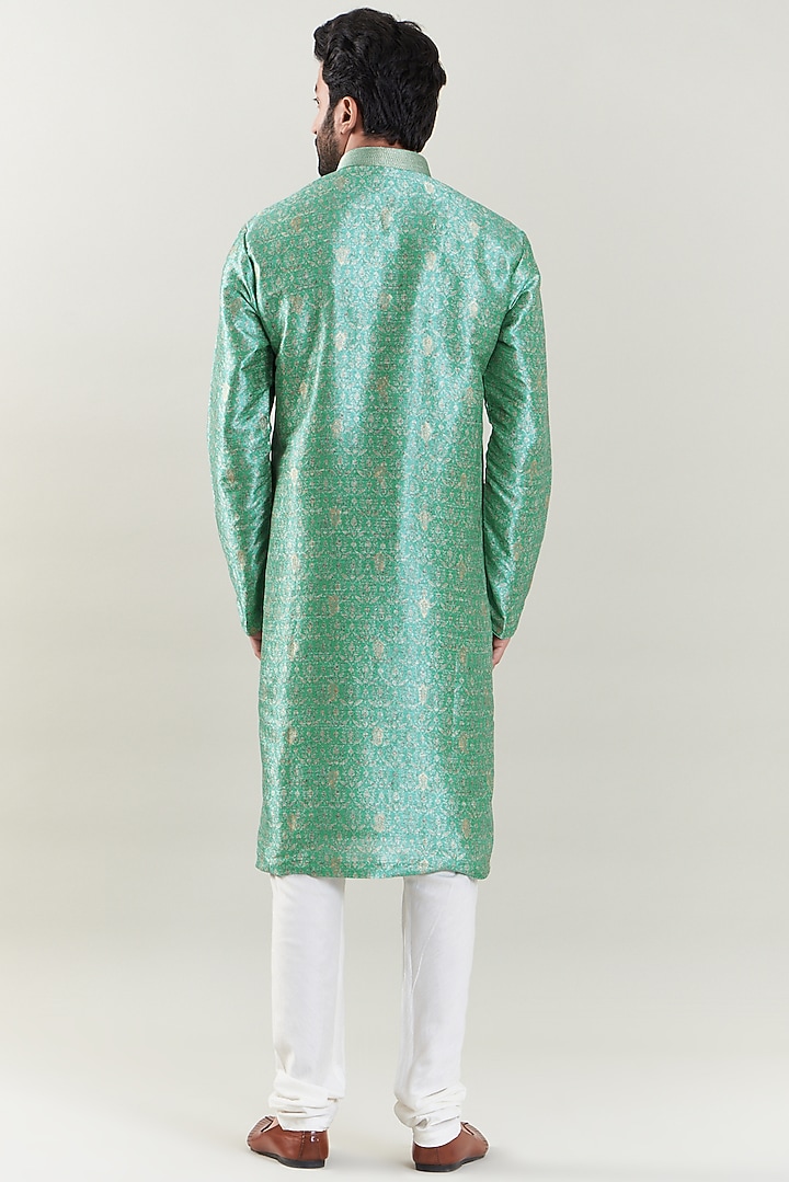 Sea Green Brocade Embroidered Kurta Set by SBJ at Pernia's Pop Up Shop