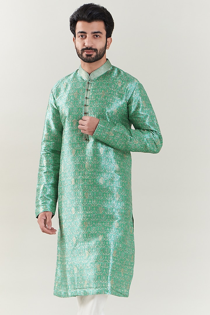 Sea Green Brocade Embroidered Kurta Set by SBJ at Pernia's Pop Up Shop