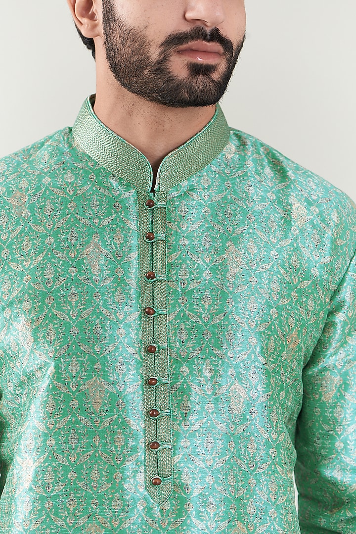Sea Green Brocade Embroidered Kurta Set by SBJ at Pernia's Pop Up Shop
