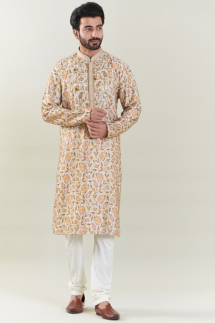 Beige Silk Satin Embroidered Kurta Set by SBJ at Pernia's Pop Up Shop