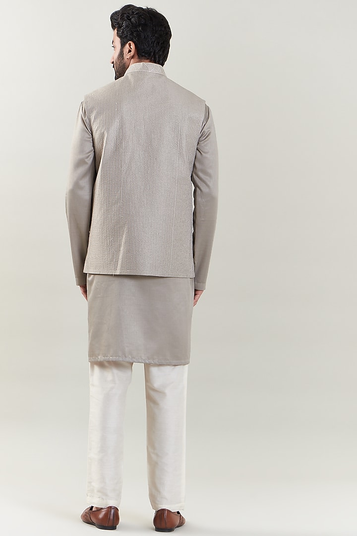 Grey Silk Embroidered Nehru Jacket With Kurta Set by SBJ at Pernia's Pop Up Shop